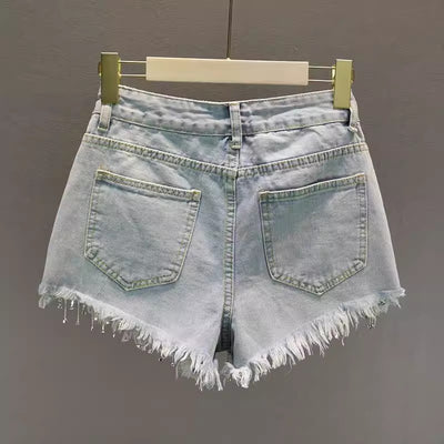 Short Denim Cintura Alta con Brillantes y Flecos - Image 2
