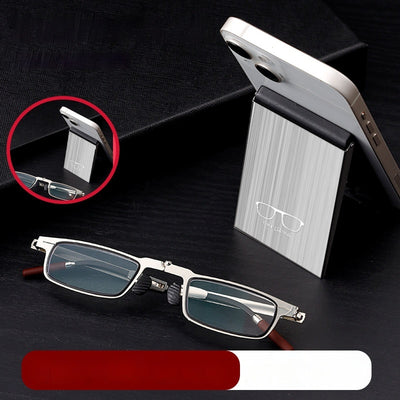 Foldable blue light blocking glasses with silver frames in a black case, shown on a smartphone. - Image 3