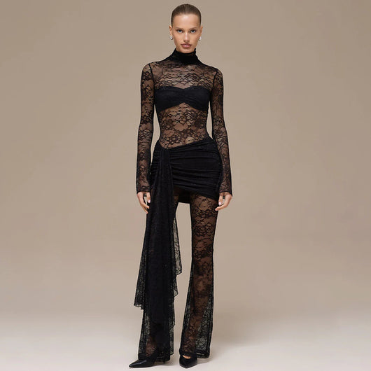 Jumpsuit Elegante de Encaje Transparente con Cintas - Image 8