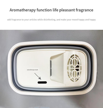 White and grey aromatherapy drying UV sterilization box, disassembled to show collapsible basin, vented lid, and drying rack. - Image 8