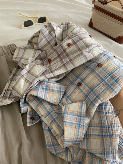 Camisa Cuadriculada de Algodón Retro Lavado Artístico para Mujer - Image 4