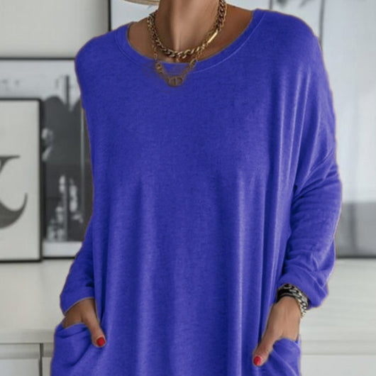 Blusa Suelta de Manga Larga y Cuello Redondo con Bolsillos - Colores Sólidos