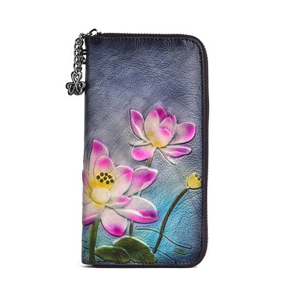 Monedero de Cuero Genuino con Cierre y Relieve Embossed para Mujer