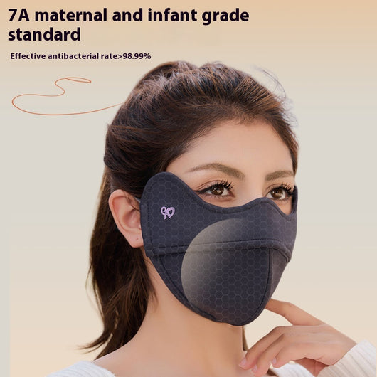 Woman wearing a grey outdoor cycling wind mask with ear hooks and a small heart logo, designed for cold-proof eye protection. - Image 2