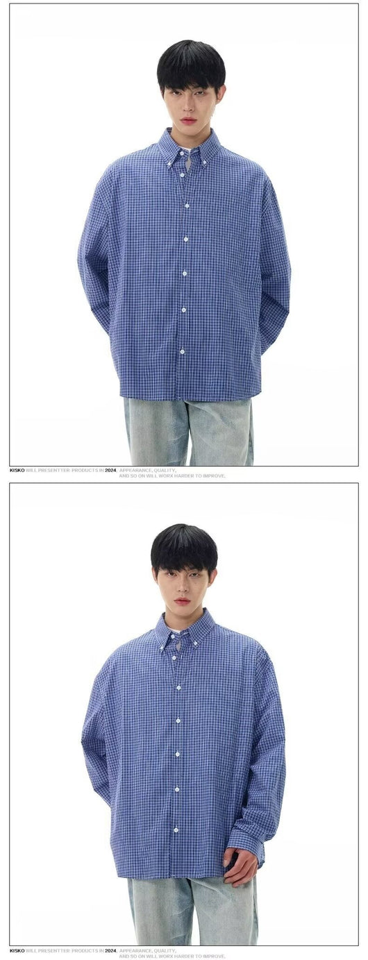 Camisa Clásica de Cuadros Azul Retro para Hombre - Image 8