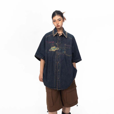 Camisa Vaquera Retro Estampada de Manga Corta