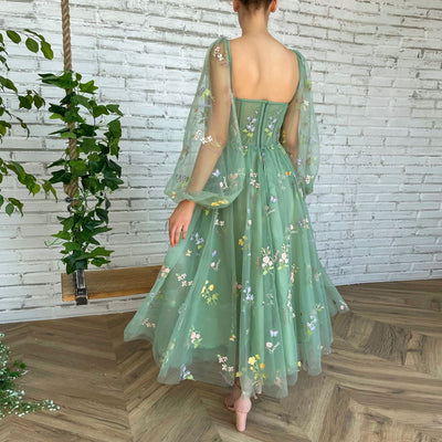 Vestido de Noche Verde con Mangas Puff de Encaje - Largo Elegante para Prom - Image 11