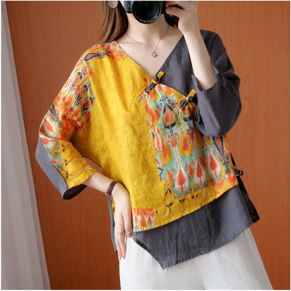 Camisa Retro de Ramio con Estampado Diagonal y Botones