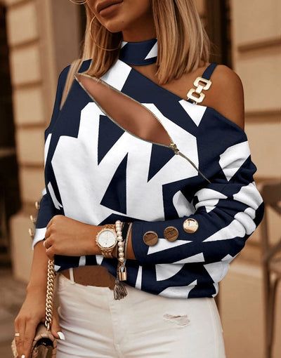 Blusa Larga con Cadena Estampada en Cuello - Image 6
