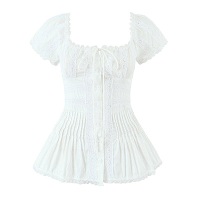 Blusa Elegante de Encaje Francés Confeccionada a Mano con Pliegues y Parches - Image 14
