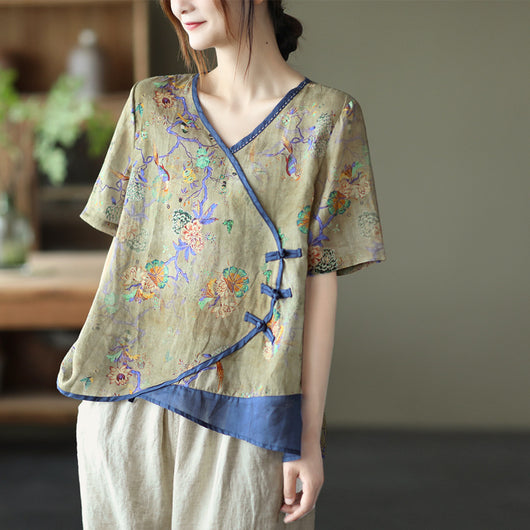 Camisa V-neck de Ramio con Botones Literarios Vintage - Image 5