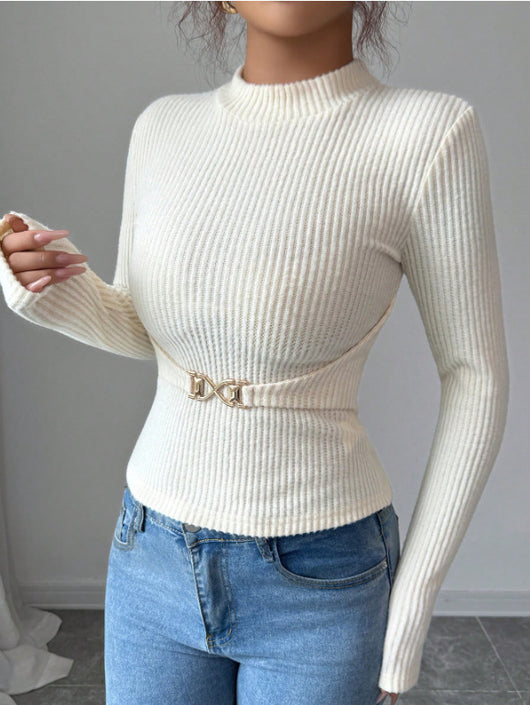 Blusa Base Cuello Mock Ajustada con Mangas Largas para Mujer - Image 12
