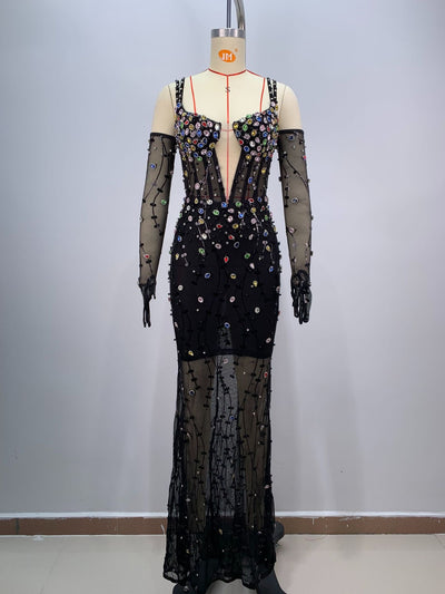 Vestido de Malla Elegante con Cristales Brillantes y Cintura Ajustada - Image 11