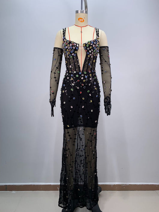 Vestido de Malla Elegante con Cristales Brillantes y Cintura Ajustada - Image 11