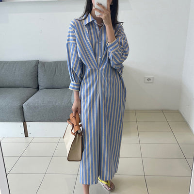 Vestido Camisero Plisado a Rayas Contraste - Manga Larga Holgado