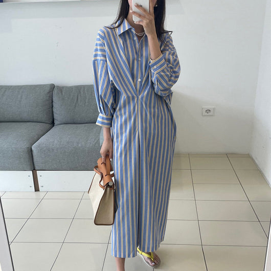 Vestido Camisero Plisado a Rayas Contraste - Manga Larga Holgado