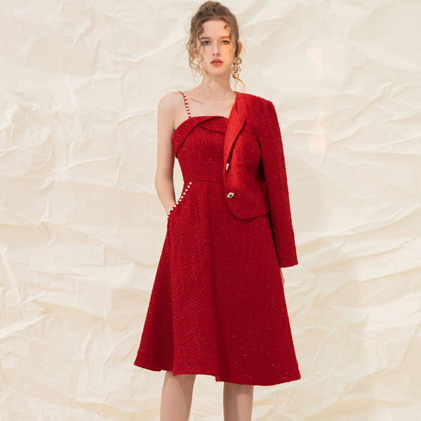 Vestido Tweed Perla con Tirante Retro para Mujer