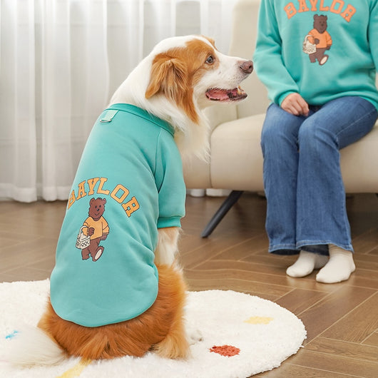 Large dog wearing a teal fleece-lined sweatshirt with 'BAYLOR' text and a bear graphic on the back. - Image 6