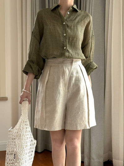 Pantalones Cropped Casual de Lino Tencel Texturado con Cierre Oblicuo - Image 9