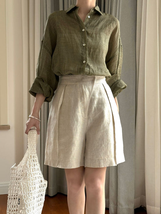 Pantalones Cropped Casual de Lino Tencel Texturado con Cierre Oblicuo - Image 9