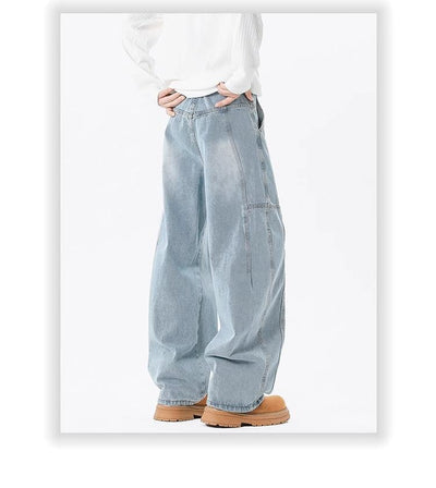 Pantalones Vaqueros Holgados Retro con Pliegues Lavados para Hombre - Image 11