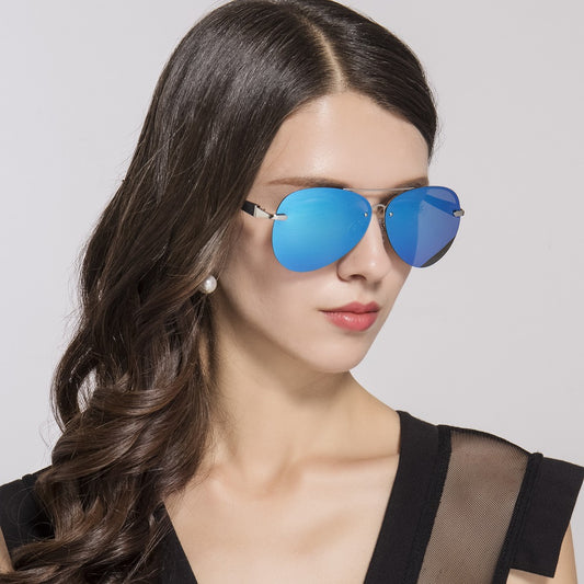 Classic rimless aviator sunglasses with black metal frames and dark black-gray polarized lenses on a white background.