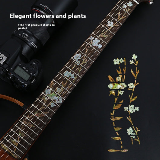 Blue cloud-shaped inlay stickers for guitar fingerboards, shown on a guitar neck and as a full sheet. - Image 14