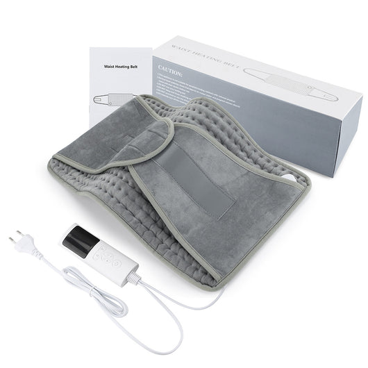 Gray quilted waist heating belt with an adjustable strap, wired remote control, and power plug, shown with its box. - Image 3