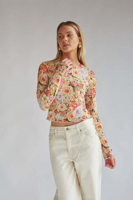 Blusa Elegante de Malla Floral Cuello Redondo Manga Larga Ajustada - Image 11