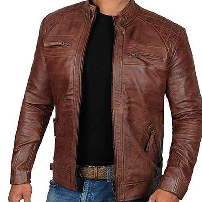 Chaqueta de Cuero para Hombre Estilo Europeo Americano con Cuello Alzado - Image 3