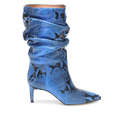 Botas Stiletto Punta Fina Efecto Serpiente Plisadas Púrpura y Plata - Image 9