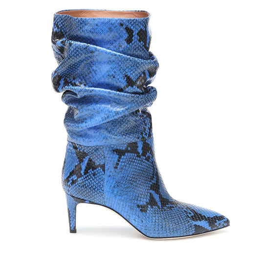 Botas Stiletto Punta Fina Efecto Serpiente Plisadas Púrpura y Plata - Image 9