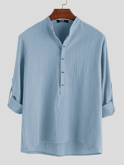 Camisa Holgada de Algodón y Lino Color Sólido Manga Larga - Image 3