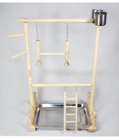 Wooden bird play stand with multiple perches, two hanging ladders, and a removable stainless steel tray. - Image 3