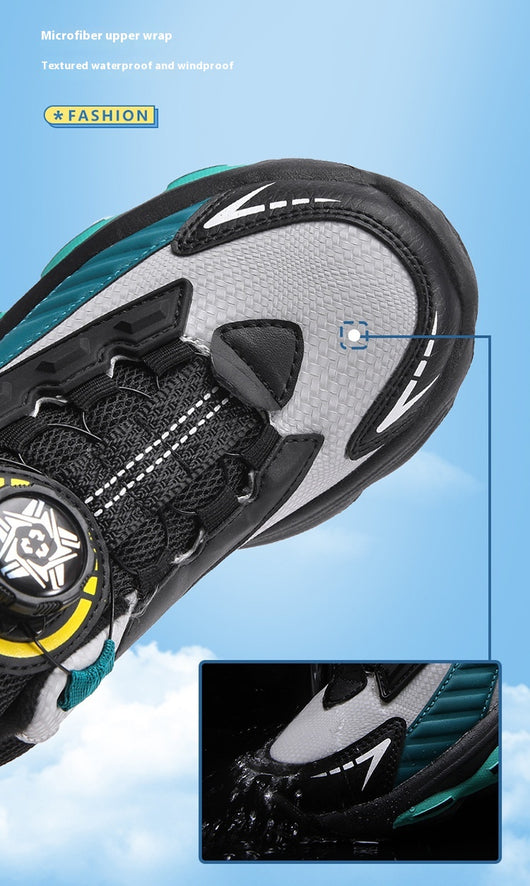 Black, white, and neon green children's basketball shoes with rotating buckle closure, featuring a mid-top design. - Image 14