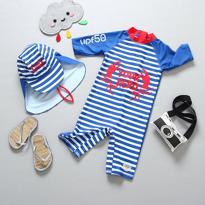 Traje de Baño Infantil a Rayas Azul Marino - Conjunto Completo para Surf y Spa - Image 7