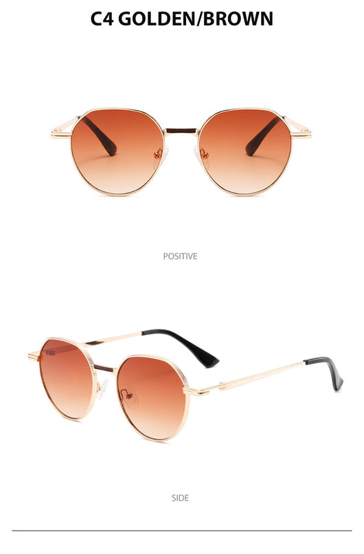 Round metal sunglasses with silver frames and dark gray lenses, featuring black temple tips, on a white background. - Image 29