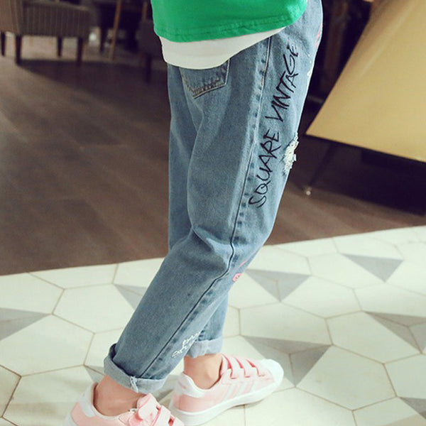Pantalones Vaqueros Infantiles con Bordado de Gato Lavado Vintage