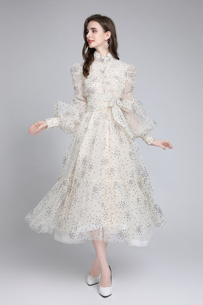 Vestido Slim Elegante con Estampado de Seda y Malla Brillante - Image 3