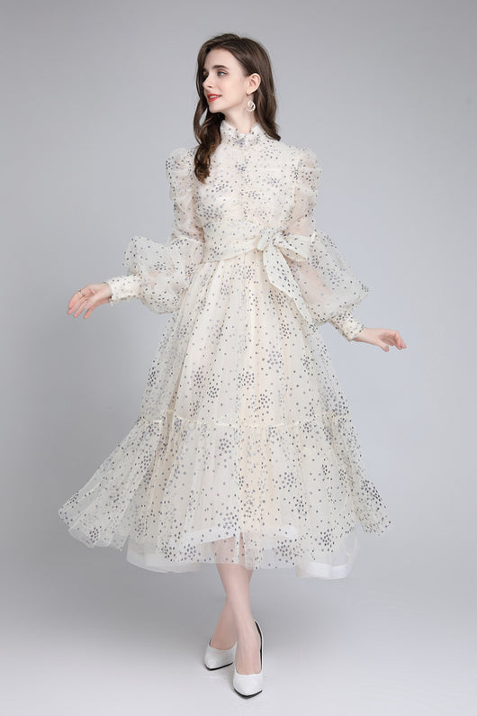 Vestido Slim Elegante con Estampado de Seda y Malla Brillante - Image 3