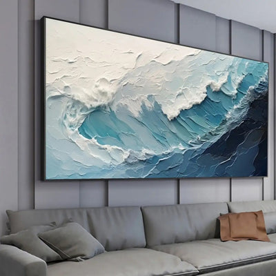 Cuadro Óleo Abstracto Grandes Dimensiones Olas Océano Azul y Blanco Texturizado para Sala - Image 6