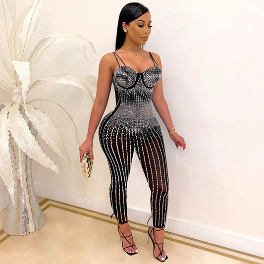 Jumpsuit Elegante de Malla Transparente con Strass y Tirantes