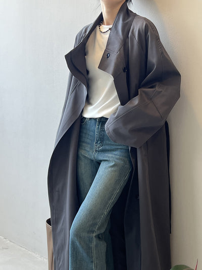 Abrigo Trinchera Largo Mujer Cuello Alzado Oversized Abotonado Simple - Image 32