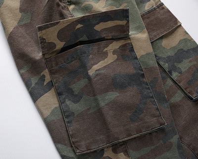 Pantalones Cargo Camuflaje Desgastado con Múltiples Bolsillos y Costuras de Trabajo - Image 14