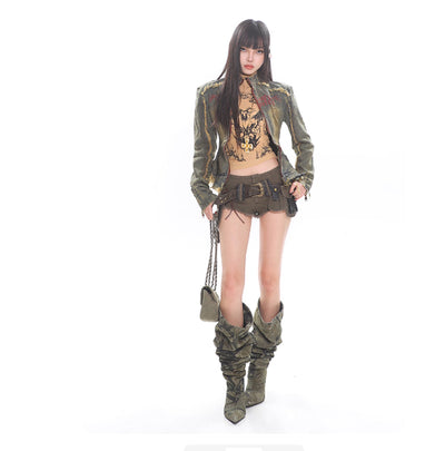 Shorts de Mezclilla Lavada Verde Militar para Mujer con Cinturón Incluido - Image 7