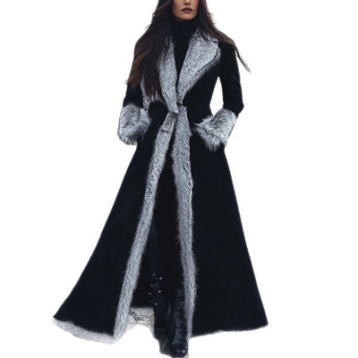 Abrigo Largo Mujer Invierno Estilo Étnico Retro Gamuza con Borde de Pelaje Sintético Negro - Image 2