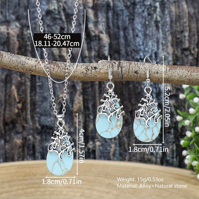 Vintage-style silver-tone necklace and dangle earrings set with oval frames and marbled blue and yellow stones. - Image 3