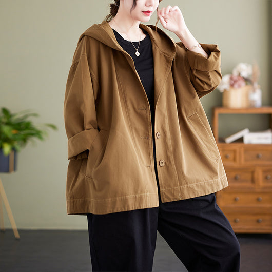 Abrigo Suelto con Capucha Mujer Retro Khaki Algodón Casual Costura Artística - Image 4