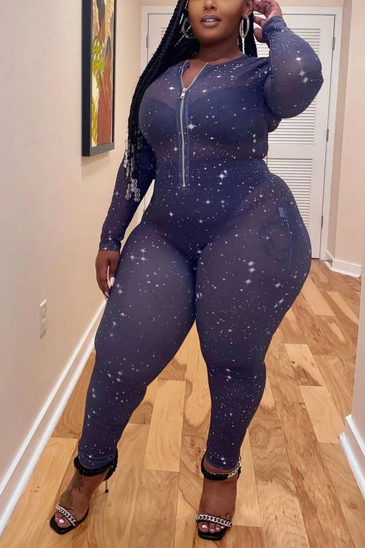 Jumpsuit de Malla Semitransparente Estampado Talla Grande