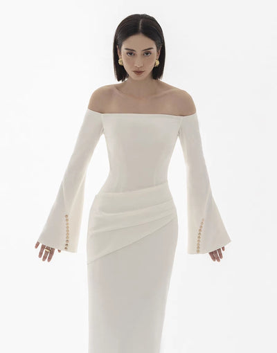 Vestido Elegante Cuello Barco con Mangas Campana y Cintura Ajustada - Image 8